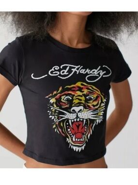 Ed Hardy | Tiger Graphic Cropped Tee in Black Size Small